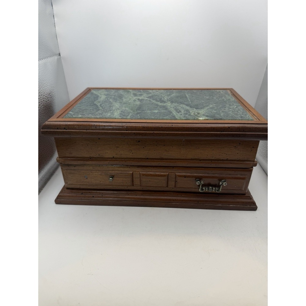 Vintage Wooden Jewelry Box Green Marble Top Lift Lid Drawer Ring Necklace